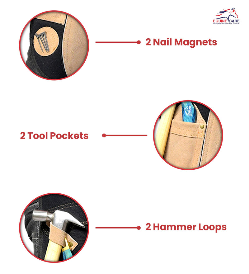Equine Care Farrier Apron Chaps – 2mm Cowhide Suede Leather, 500 GSM Canvas, 23" Length, Adjustable Waist (28–52"), Ambidextrous Knife Pockets, Magnets & Loops – Horseshoeing & Hoof Trimming. Beige with Black