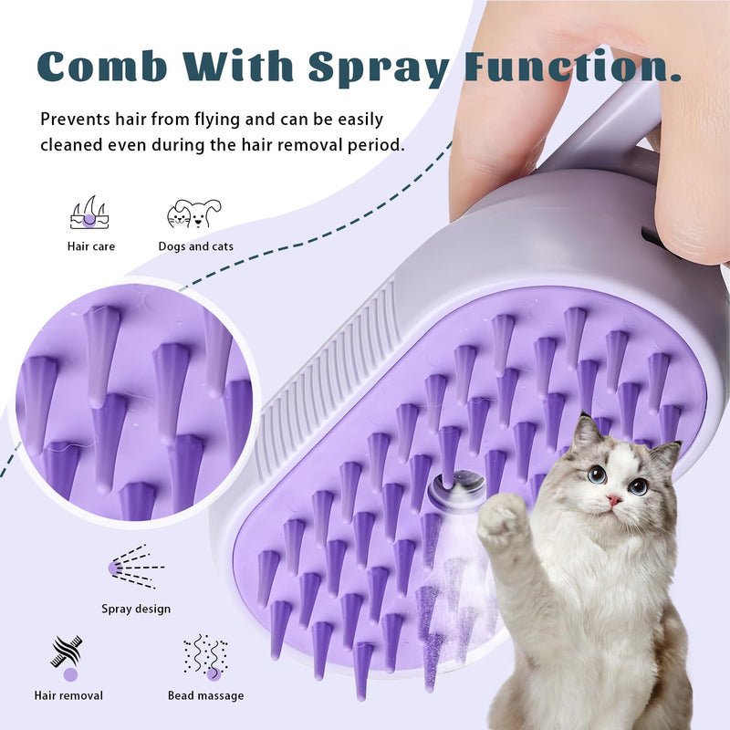 Cat Brush Cat Steam Brush Rechargeable Steamy Pet Grooming For Shedding, Water Spray Massage Brushs, Dog Hair Removal Self Cleaning Brushs Steamer Wet Spa Comb (Purple) - PawsPlanet Australia