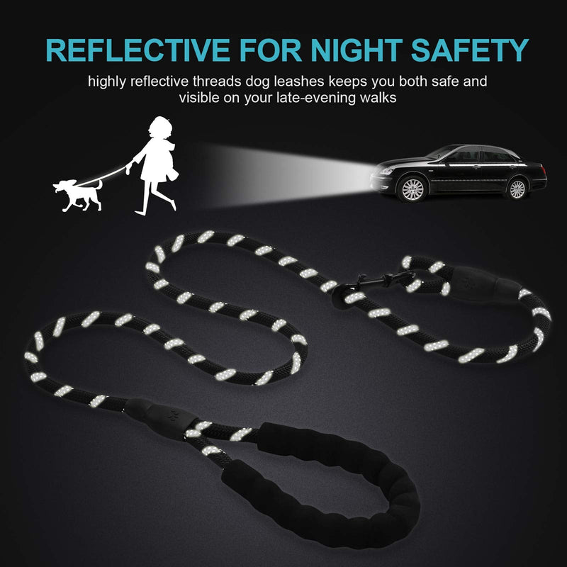 5ft 1/2in Heavy Duty Black Dog Leash for Large Dogs & Medium Size Dogs - Highly Reflective Heavy Duty Dog Rope Leash with Soft Padded Anti-Slip Handle- for 18-120 lbs Dogs 1/2" x 5 FT(18~120 lbs.) - PawsPlanet Australia