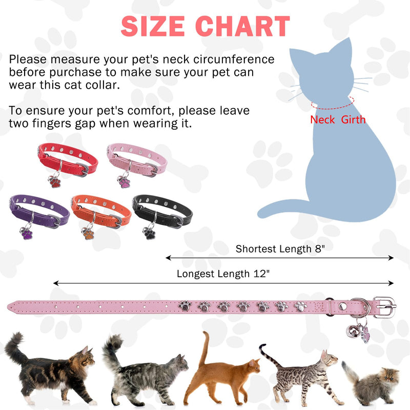 SCENEREAL Cat Collar with Bells, Leather Cat Collars with Paw Studded, Adjustable Pet Collars for Boy Girl Cats,Soft Cute Cat Collar for Kitty Puppy Small Big Cats, Pink