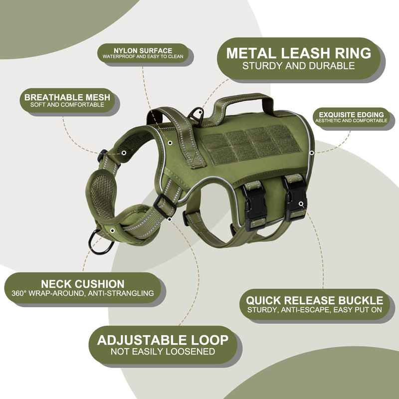 Dog Harness for Large Dogs Heavy Duty, Tactical No Pull Dog Harness with Molle System, Easy On and Off Service Dog Vest, Breathable Padded, Adjustable Reflective Pet Vest for Walking Hiking Training L(Neck:18-24",Chest:25-36"),45-80 lbs Green - PawsPlanet Australia