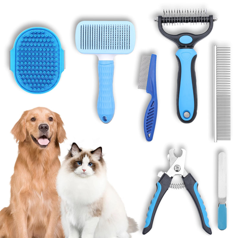 7PCS Dog Grooming Kit, Deshedding Dog Brush, Dog Pin Brush, Flea comb for dogs, metal comb, Bath Brush, Dog Nail Clipper and Nail File, Dog Brush Set for Small, Medium and Large Dogs (Blue) Blue - PawsPlanet Australia