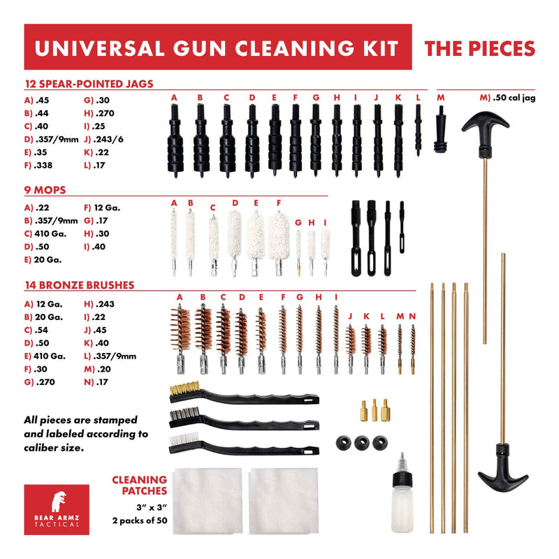 Universal Gun Cleaning Kit | American Company | Perfect for Shotguns, Rifles, Muzzle Loaders, Handguns and Pistols | Portable Case | Cleans Calibers .17- .50 Black Case with Nylon Jags and Loops