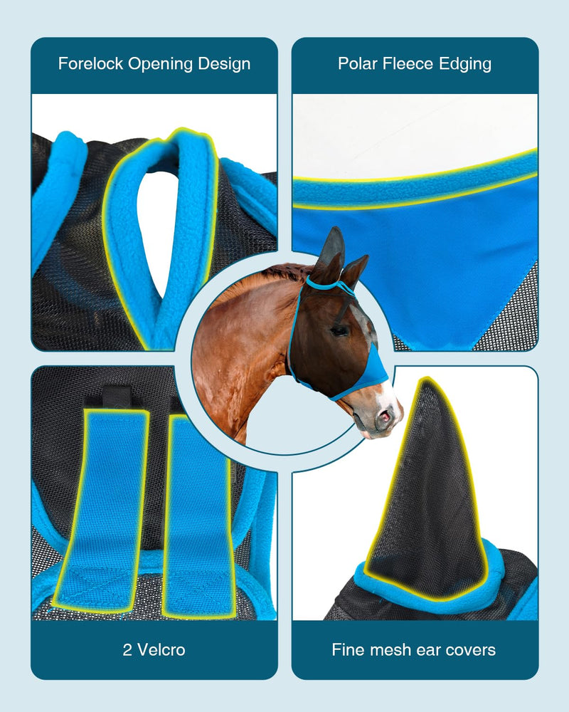 Hilltown Adjustable Fly Mask for Horse with Ears - UV-Block, Large Eye Space, Breathable, Built to Last, Comfort Fit - Horse Fly Mask for Daily Stable, Hot Weather Riding & Competition - X-Full, Blue - PawsPlanet Australia