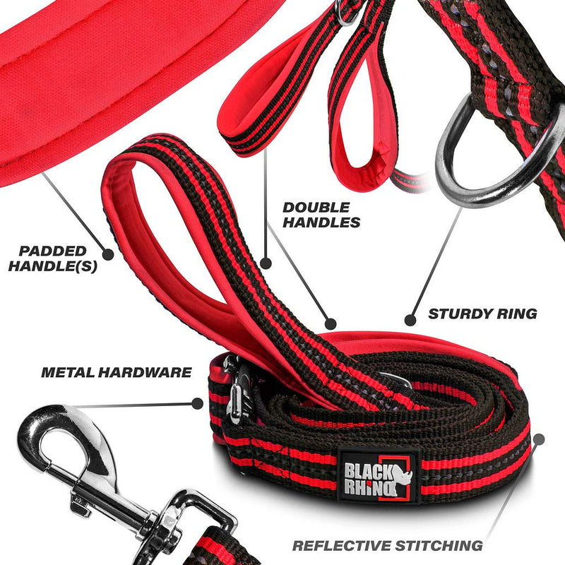 Black Rhino Dog Leash - Heavy Duty - Medium & Large Dogs | 5ft Long Leashes | Two Traffic Padded Comfort Handles for Safety Control Training - Double Handle Reflective Lead 5 Ft Red/Bl - PawsPlanet Australia