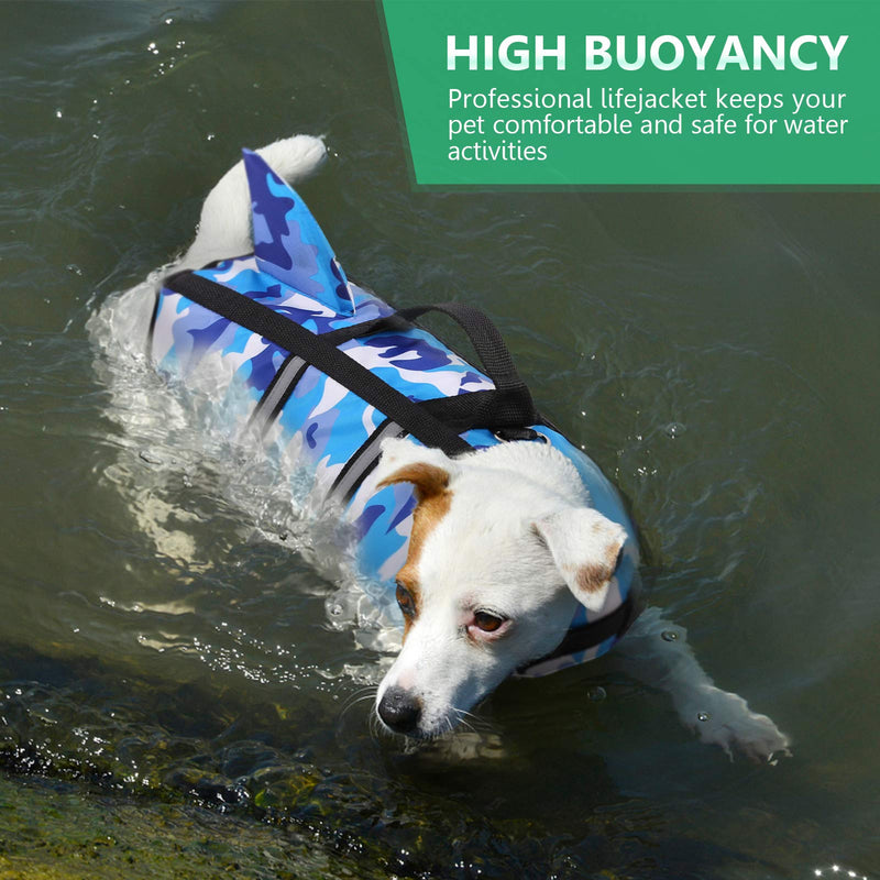 Queenmore Dog Life Jacket Pet Safety Vest High Buoyancy Camouflage Color Cute Shark with Strong Rescue Handle and Leash Ring for Boating, Canoeing, Surfing, Hunting X-Small Blue Camo