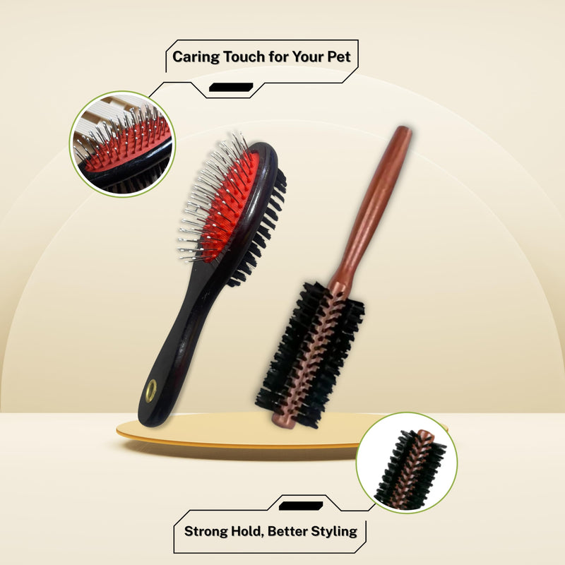 Professional Pet Grooming Brush, 2-in-1 Pin and Bristle Combo, Anti-Slip Handle, for All Coat Types (BROWN COLOR) BROWN COLOR - PawsPlanet Australia