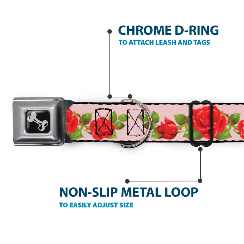 Dog Collar Seatbelt Buckle Rose Trio Leaves Pink 18 to 32 Inches 1.5 Inch Wide 1.5" Wide - Fits 18-32" Neck - Large - PawsPlanet Australia