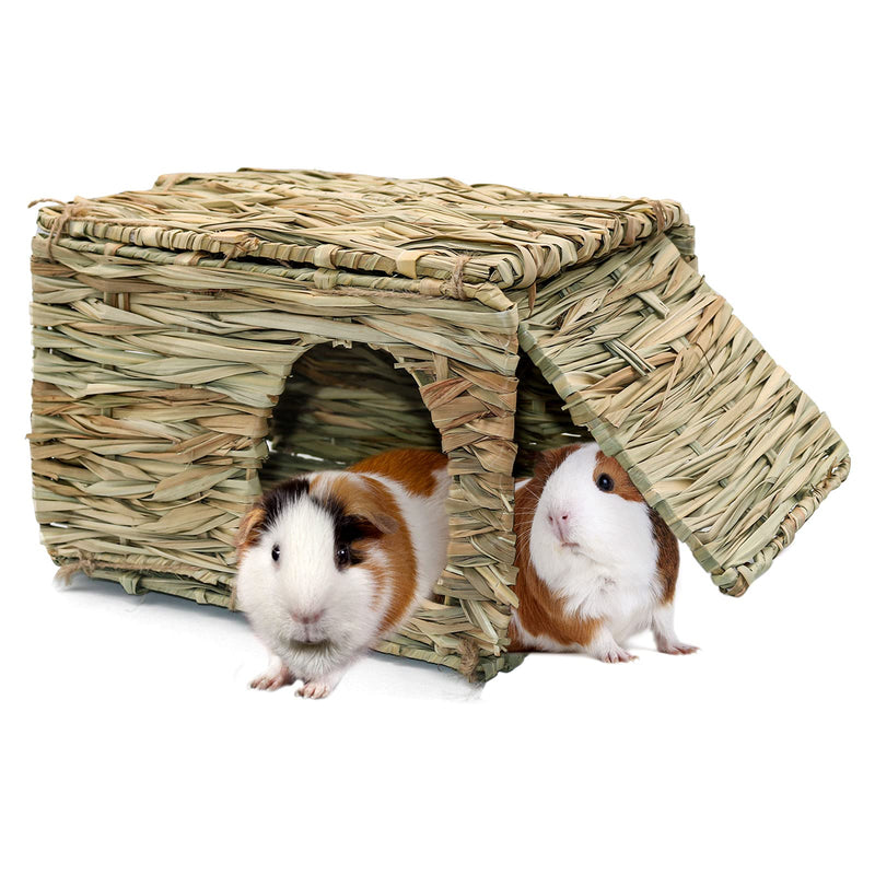 BWOGUE Large Grass House for Guinea Pigs,Hand Woven Straw Hut Foldable Small Animal Play Hideaway Bed with Double Openings Playhouse for Bunny Guinea Pig Chinchilla Ferret 1 PACK