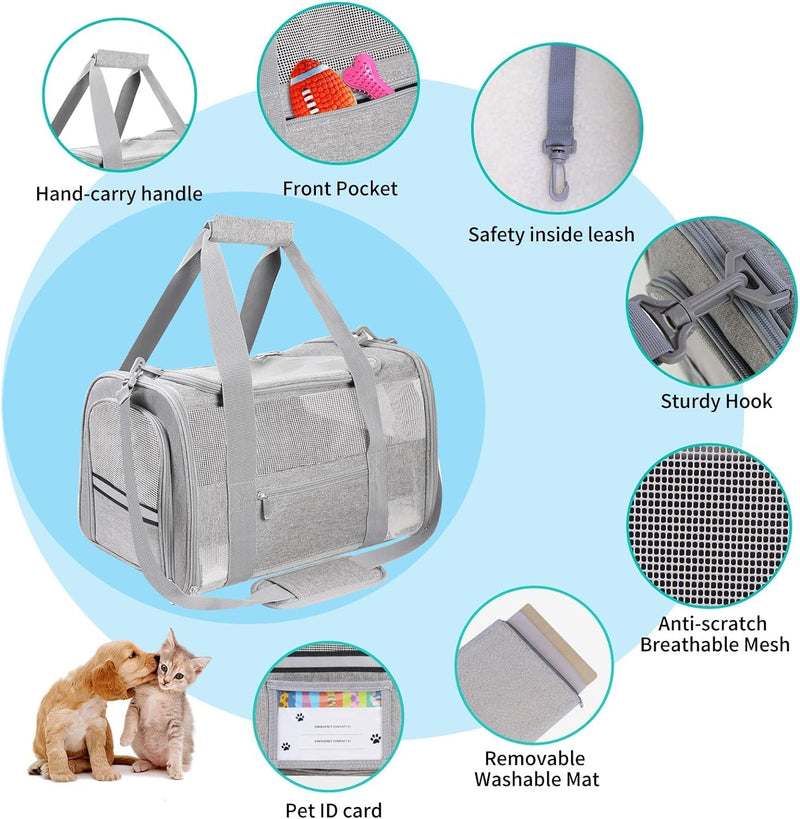 Cat Carrier Pet Carrier for Small Dogs Cats Puppies Under 15 Lbs, TSA Airline Approved Carrier Bag Soft Sided Dog Travel Carriers, Cat Carriers with Reflective Strip, Grey GrayA - PawsPlanet Australia