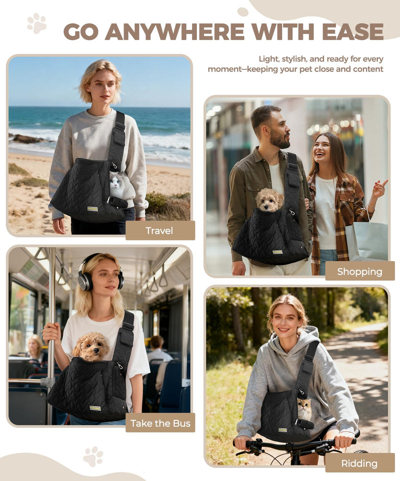Dog Carrier Sling for Small Dogs, Front Cat Sling & Cats Up to 15 lbs, Dog Purse with Adjustable Strap Front Zipper Pocket, Double Safety Feature, Hands Free for Travel Black - PawsPlanet Australia