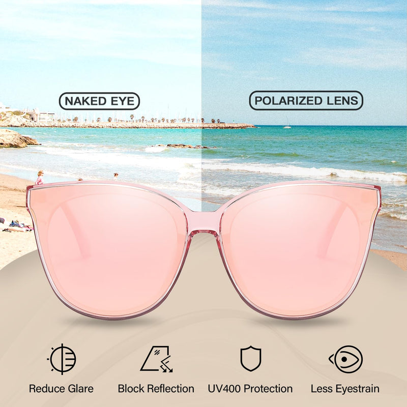 HASFOX Cat Eyes Sunglasses for Women | Polarized UV Protection Shades for Driving | Lightweight Oversized Style | Hard Case A02 Clear Pink Frame / Rose Gold Mirrored Lens 67 Millimeters - PawsPlanet Australia