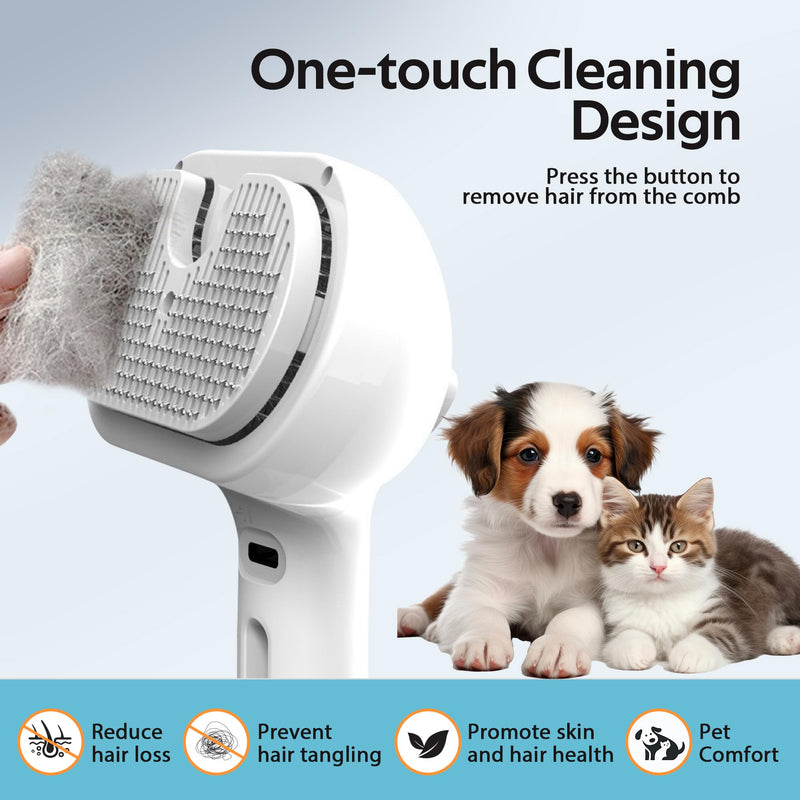 Pet Grooming Brush with Electronic Mist Spray - Gentle Deshedding Tool for Cats & Dogs, Reduces Shedding, Easy to Use, Soft Bristles, Promotes Healthy Coat-Comes with a hair smoothing comb-White White - PawsPlanet Australia