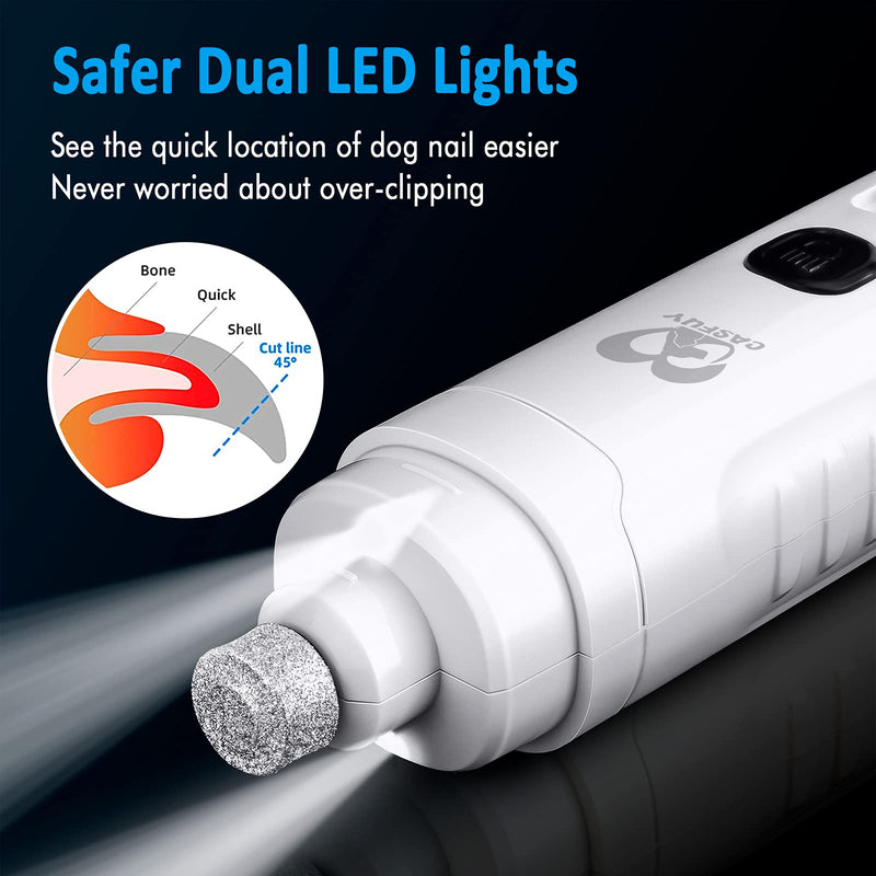 Casfuy Dog Nail Grinder with 2 LED Light for Large Medium Dogs - 3X More Powerful 2-Speed Electric Pet Nail Trimmer Rechargeable Quiet Painless Paws Grooming & Smoothing Tool White - PawsPlanet Australia