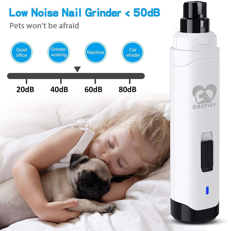 Casfuy Dog Nail Grinder Upgraded - Professional 2-Speed Electric Rechargeable Pet Nail Trimmer Painless Paws Grooming & Smoothing for Small Medium Large Dogs & Cats (White) A-White - PawsPlanet Australia