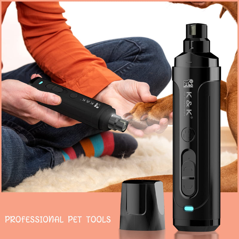 K&K Dog Nail Grinder, Professional 2-Speed Electric Pet Nail Trimmer, LED Light, for Small Medium Large Dogs, Cats (Black) (Black) Black