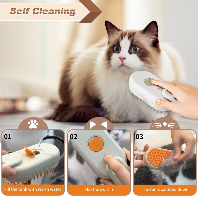 Steam Brush for Cats & Pets - 3 In 1 Steamer for Grooming, Deshedding, and Taming Animal Fur (Brown) Brown - PawsPlanet Australia