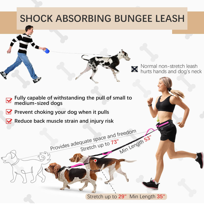 Hands-Free Dog Leash with Pouch, Waist Leash for Walking Two Dogs, Reflective Stitching, Dual Handle, Bungee Retractable for Medium to Large Dogs - Pink,Dog Walking Accessories - PawsPlanet Australia