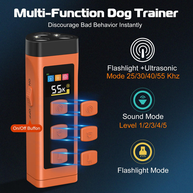2 Pack Dog Bark Deterrent Device, Color Display 2000 mAh Rechargeable Ultrasonic Anti-Barking Trainer with 4 Frequency Settings 25/30/40/55 kHz, 65ft Long-Range, Safe & Effective Indoor Outdoor Use 2 Pack Orange - PawsPlanet Australia