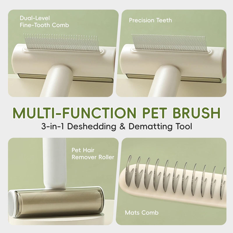 3-in-1 Pet Grooming Brush for Dogs & Cats | Deshedding Comb, Dematting Tool & Lint Remover | Long & Short Teeth + Fine Tooth Comb | For Long & Short Coats (Green) Green - PawsPlanet Australia