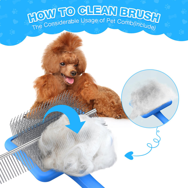 Large Dog Slicker Brush Set for Poodles & Goldendoodles - Extra Long Pin Slicker Brush with Wooden Handle for Long Haired Dogs & Cats - Dematting Tool with Leather Case (2 Piece Kit). Blue - PawsPlanet Australia