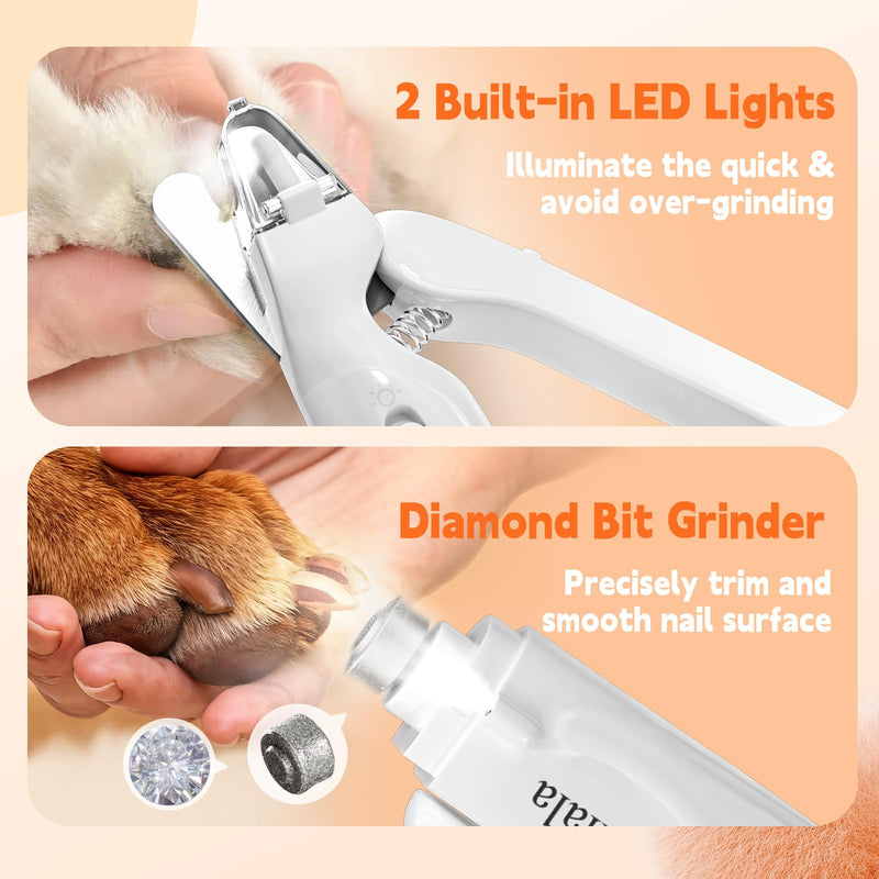2-in-1 Dog Nail Trimmers & Dog Nail Grinder with 2 LED Lights, Ultra-Quiet, USB Rechargeable, Multiple Grinding Methods, and Splash Guard for Small, Medium, and Large Dogs & Cats (White) - PawsPlanet Australia