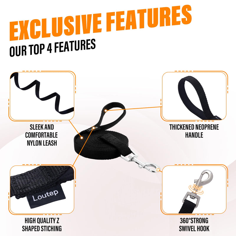 Dog Training Leash 15ft 20ft 30ft 50ft 100 feet - Extra Long Leash for Dogs with Padded Handle for Small Medium & Large Puppy Breed, Outdoor obedience, Agility Nylon Recall line Lead 2mm Black - PawsPlanet Australia