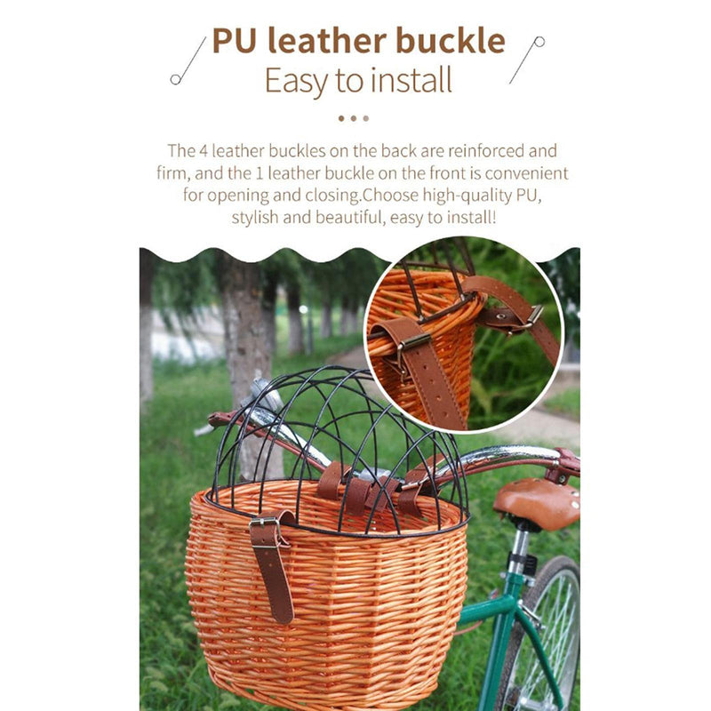 Wicker Bike Basket for Small Dogs Cats Pet Carrier Front Basket with Wire Mesh Cover (Honey Color) Honey color - PawsPlanet Australia