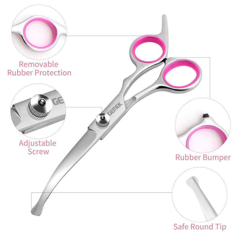 GEMEK Dog Grooming Scissors with Safety Round Tips Stainless Steel Professional Dog Grooming Kit - Thinning, Curved Scissors and Comb for Cat Pet (Pink 4 in 1) Pink 4 in 1 - PawsPlanet Australia