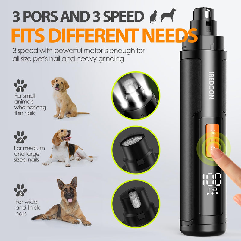 IREDOON Dog Nail Grinder Upgraded - Professional 3-Speed Super Quiet and Low Vibration Electric Pet Nail Grinder with 4 LED Lights - Painless Paws Grooming & Smoothing for Small to Large Dogs (Black) Black - PawsPlanet Australia