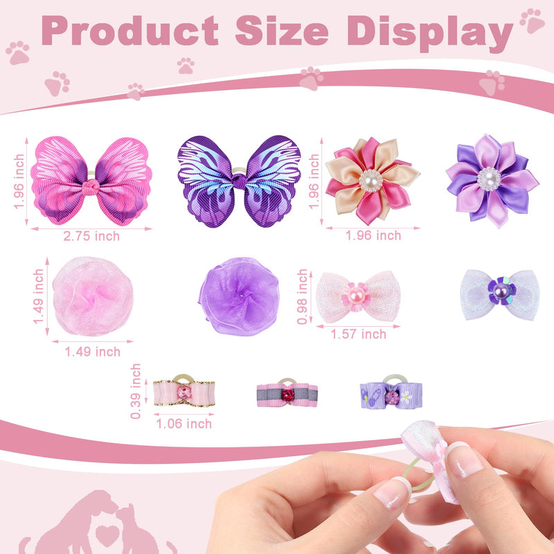 22 Pieces Cute Dog Hair Bows with Elastic Rubber Bands, Small Puppy Hair Accessories with Butterfly Flower Pearls Double Bow for Pets Dogs Cats Hair Grooming (Purple and Pink) - PawsPlanet Australia