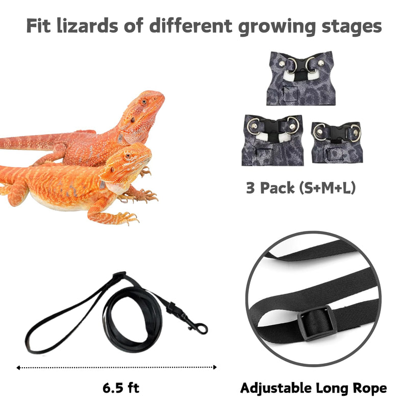 3 Pack Bearded Dragon Harness and Leash Set - Adjustable Soft Leather Lizard Harness Leash Small Animal Traction Rope Training Walking Vest Accessories for Reptile Squirrel Rat (Blue Leopard) Blue Leopard - PawsPlanet Australia