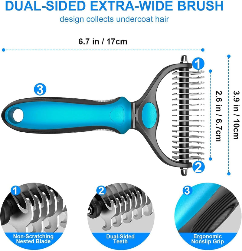 DakPets Pet Grooming Brush. Extra Wide, Double Sided Dematting Undercoat Rake for Dogs and Cats. Reduce Dog and Cat Shedding by 95%, Blue - PawsPlanet Australia