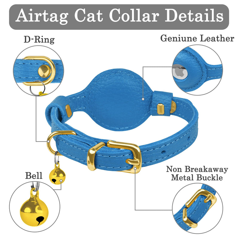 OOPSDOGGY Leather AirTag Cat Collar with Bell - Non Breakaway Kitten Collar with Apple Air Tag Holder - Lightweight GPS Pet Collars for Girl Boy Cats, Small Dogs, Puppies (Blue) Blue - PawsPlanet Australia