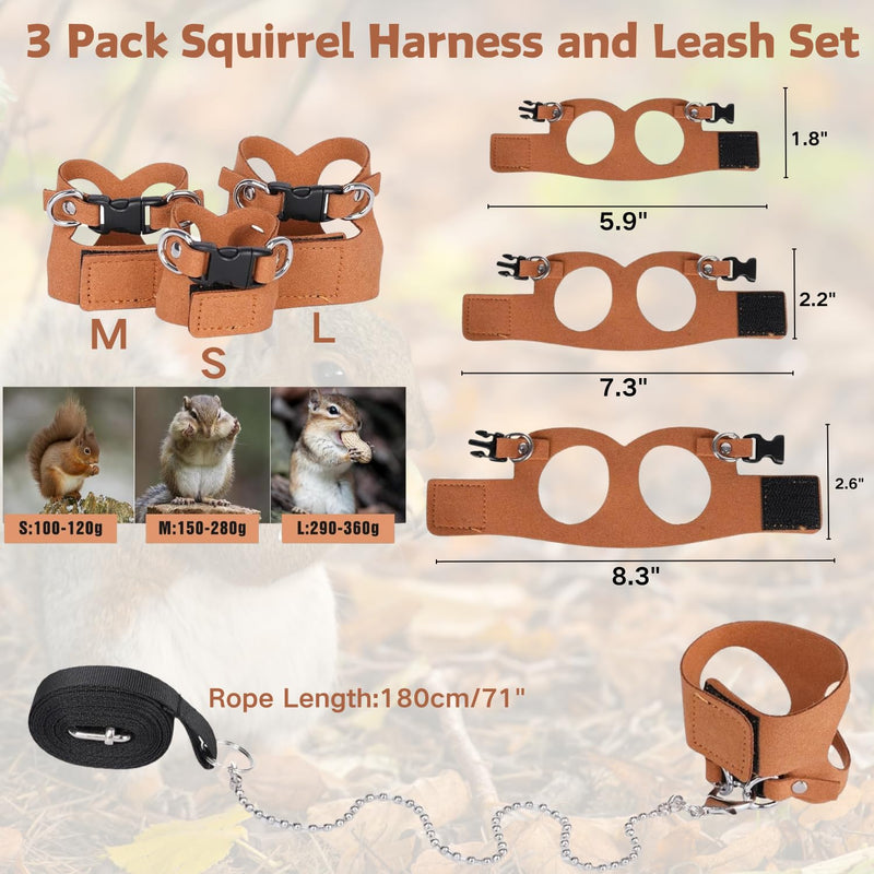 3 Pack Squirrel Harness and Leash Set - Adjustable Soft Leather & Traction Rope Strap Anti-Biting Chainfor Small Pet Walk Jogging Bearded Dragon Reptile Squirrel Rat - PawsPlanet Australia