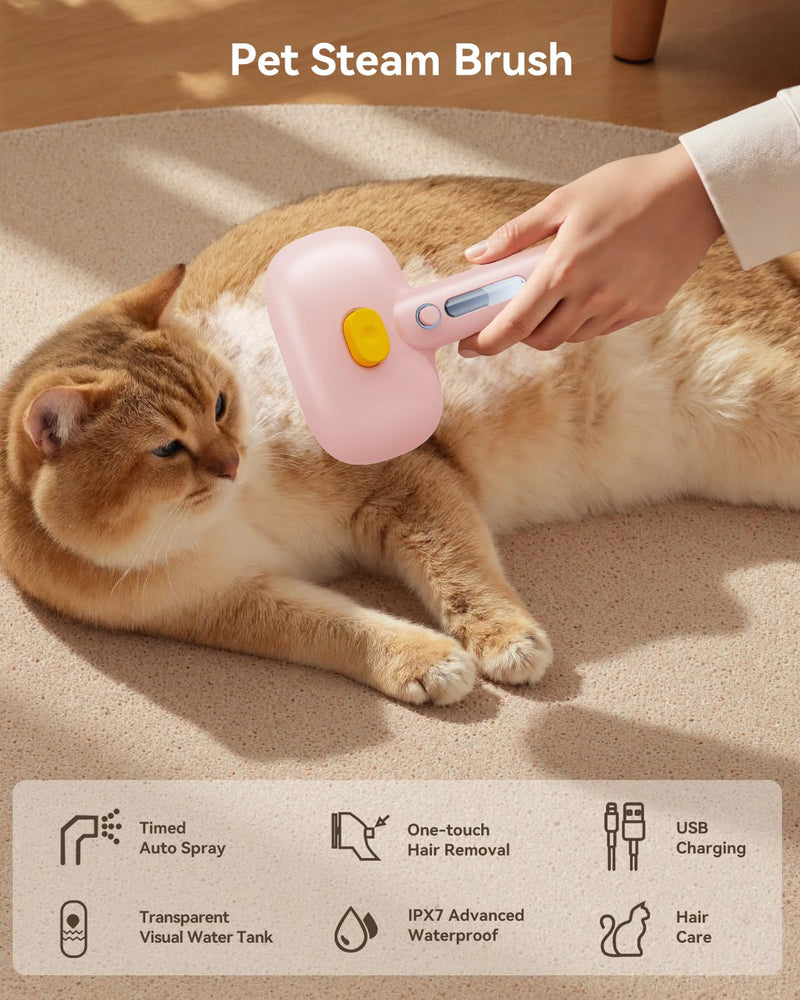 ROJECO 3-in-1 Pet Steam Brush for Cats&Dogs - Detangling Comb with Adjustable Mist, Handheld Deshedding Grooming Tool for Long/Short Hair, Massage Brush & Shedding Control Gift,Cordless,Pink Pink