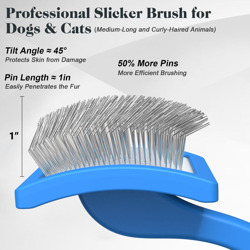 2PCS Slicker Brush for Dogs & Pet Comb,Professional Dog Grooming Brush (Goldendoodles,Poodles,Labradoodles) with Extra Long Pins to Effectively Remove Tangles, Knots and Mats (Blue Large) Blue Large - PawsPlanet Australia
