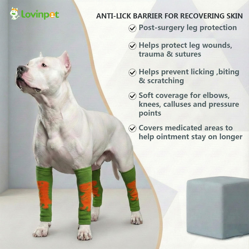 LovinPet 4-Pack Dog Knee Sleeves, Dinosaur-Style Leg Warmers for Medium & Large Dogs, 4-Way Stretch, Anti-Lick Coverage, Warm & Comfy Fit, One Size,Green Orange Green Orange
