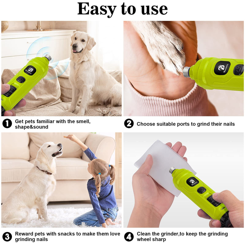 Bousnic Dog Nail Grinder with 2 LED Light - Super Quiet Pet Nail Grinder Powerful 2-Speed Electric Dog Nail Trimmer File Toenail Grinder for Puppy Small Medium Large Breed Dogs & Cats (Green) Green - PawsPlanet Australia