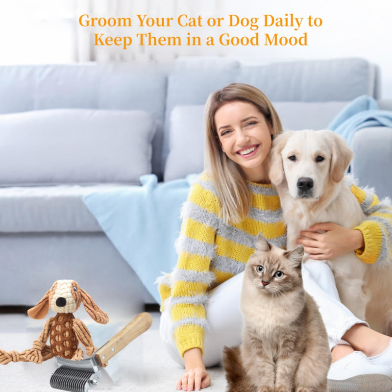 Premium 3-in-1 Dog Brush & Cat Brush (Double-Sided) - Effective Dematting Comb & Undercoat Brush Against Tangles - Safe Fur Changing Aid with Wooden Handle for Dogs & Cats - PawsPlanet Australia