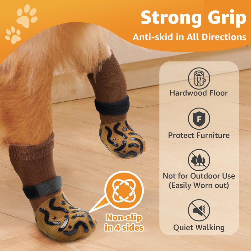 Double Sides Non-Slip Dog Socks to Prevent Licking Paws - Strong Traction for Paw Protector, Senior Dogs, Hardwood Floors, Dog Booties with Grippers - Size Large Caramel Large(Pack of 4) - PawsPlanet Australia