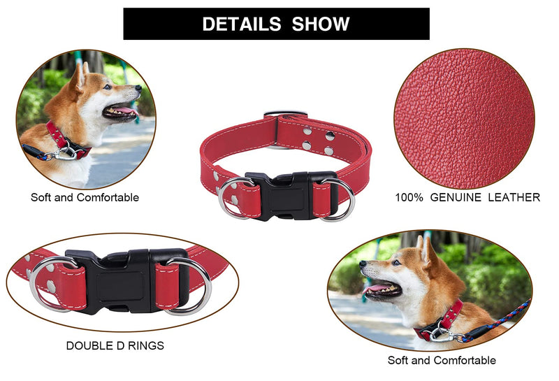 Soft Leather Dog Collar Adjustable Size Suitable for Large Medium and Small Dogs Running and Walking.Black/Coffee/Red /Blue (Red, S 10"-13" W 3/4") Red S 10"-13" W 3/4" - PawsPlanet Australia