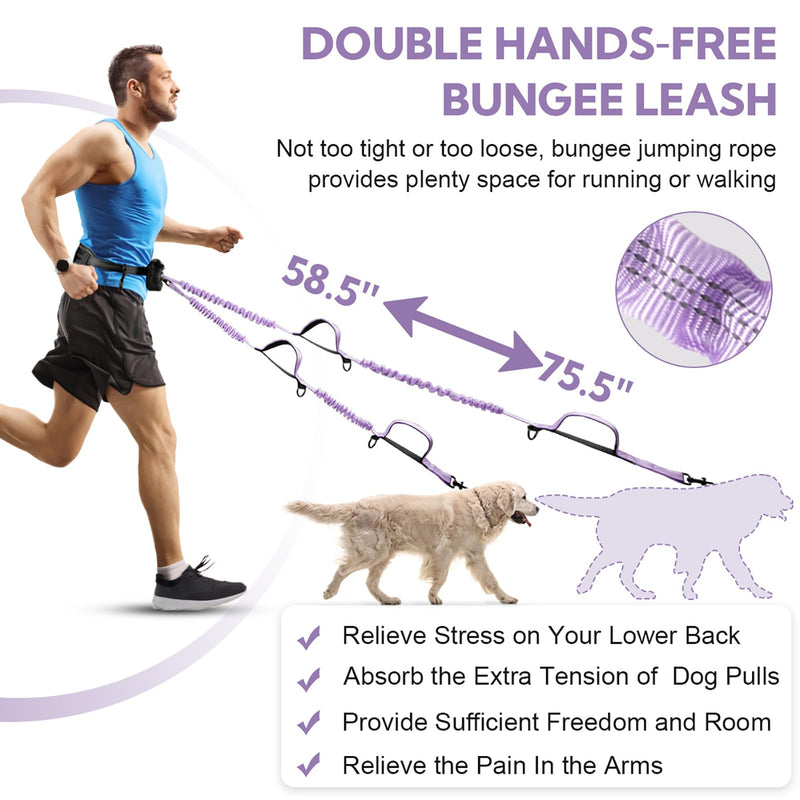 Hands Free Dog Leash, Adjustable Waist Belt with Double Padded Handles,Retractable Bungee, Waist Leash for Dog Walking,Running, No Pull,Purple Purple Large 1 Leashes