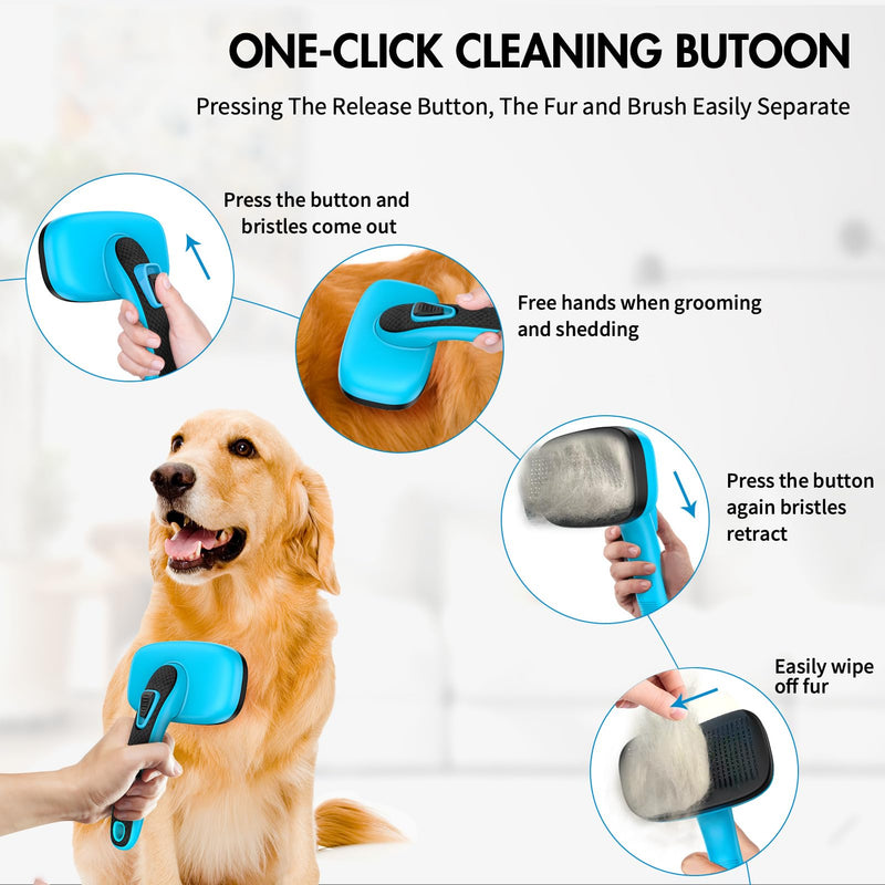 Dog Brush Kit - Self-Cleaning Slicker Brush with Bath Brush & Undercoat Rake | Deshedding Tools for Large - Small Dogs & Cats, Professional 3-in-1 Pet Grooming Set for Heavy Shedding, Blue - PawsPlanet Australia