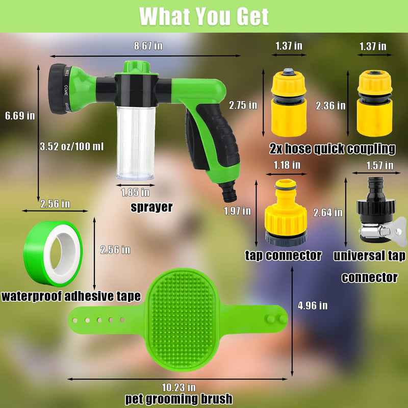 Pup Dog Jet Wash, 8-Way Spray Pattern Dog Washing Hose Attachment with Soap Dispenser, Pet Bath Brush, Garden Hose Nozzle Sprayer for Watering Plants, Lawn, Patio, Car Wash, Showering Pet Outdoor Green - PawsPlanet Australia