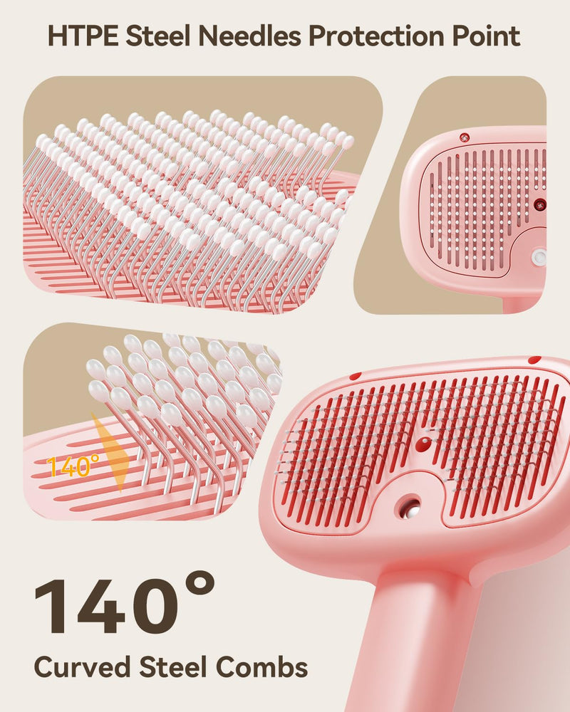 ROJECO 3-in-1 Pet Steam Brush for Cats&Dogs - Detangling Comb with Adjustable Mist, Handheld Deshedding Grooming Tool for Long/Short Hair, Massage Brush & Shedding Control Gift,Cordless,Pink Pink