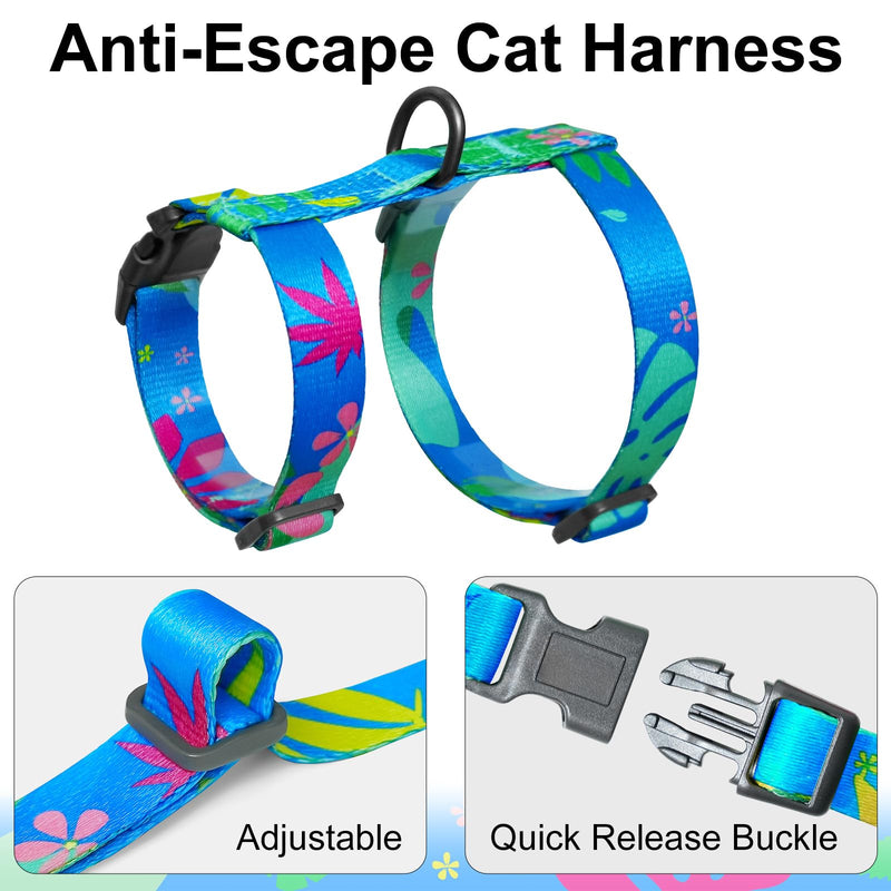 Cat Harness and Leash Set with Matching Collar – Escape Proof H-Style Harness for Cats, Adjustable & Lightweight, Tropical Hawaiian Leaf Print, Easy Wear for Outdoor Walking & Training Hawaii Blue - PawsPlanet Australia