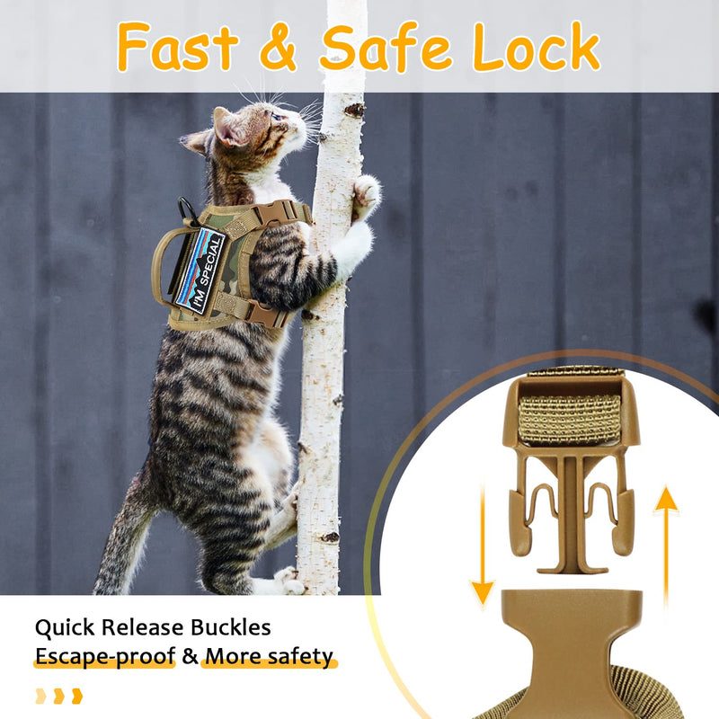 Tactical Cat Harness for Walking, Adjustable Escape Proof Pet Vest for Large Cat,Easy Control Breathable Cat Vest with Handle?Molle Patches (camo Khaki, L) camo khaki - PawsPlanet Australia