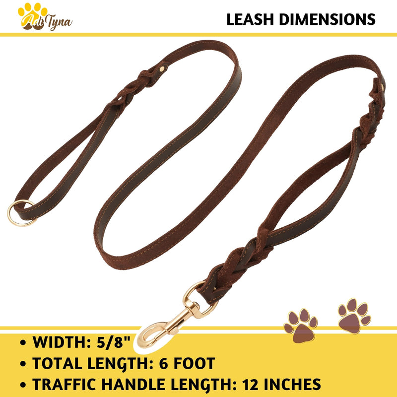 ADITYNA - Double Handle Leather Dog Leash 6ft - Heavy Duty Braided Dog Leash with Traffic Handle - Lead for Training and Walking Medium Large Breeds (Brown, Two Handles 6 Foot x 5/8") Two Handles 6 foot x 5/8" Brown - PawsPlanet Australia