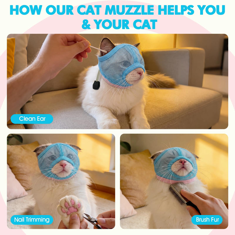 2 Pieces Visible & Breathable Cat Muzzle for Grooming, Anti-Bite Pet Mask with Adjustable Neck Size and Ear-Friendly Design Blue M